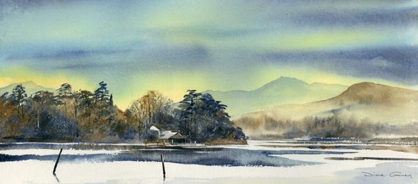 Derwent Island in the snow - Lakeland - Viridian - Diane Gainey