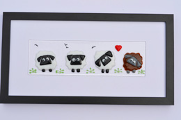 'Herdy Happiness' Fused Glass Framed size 44cms x 23 cm One of a series of quirky sheep images